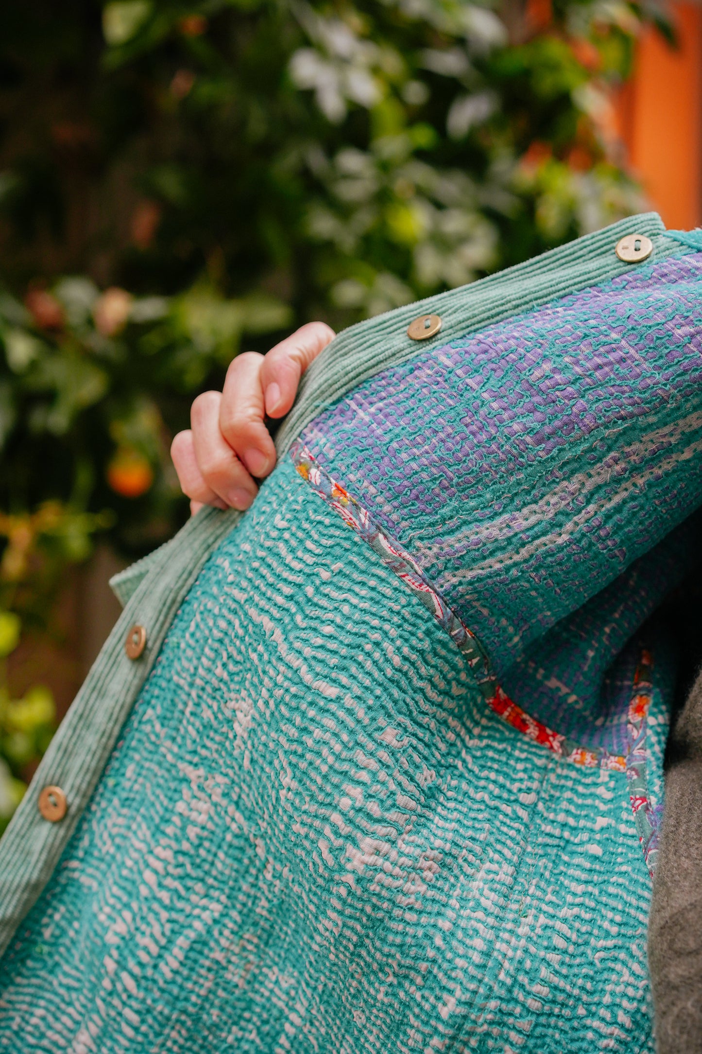 THE BLUE ISLAND - Kantha Green Corduroy Jacket
