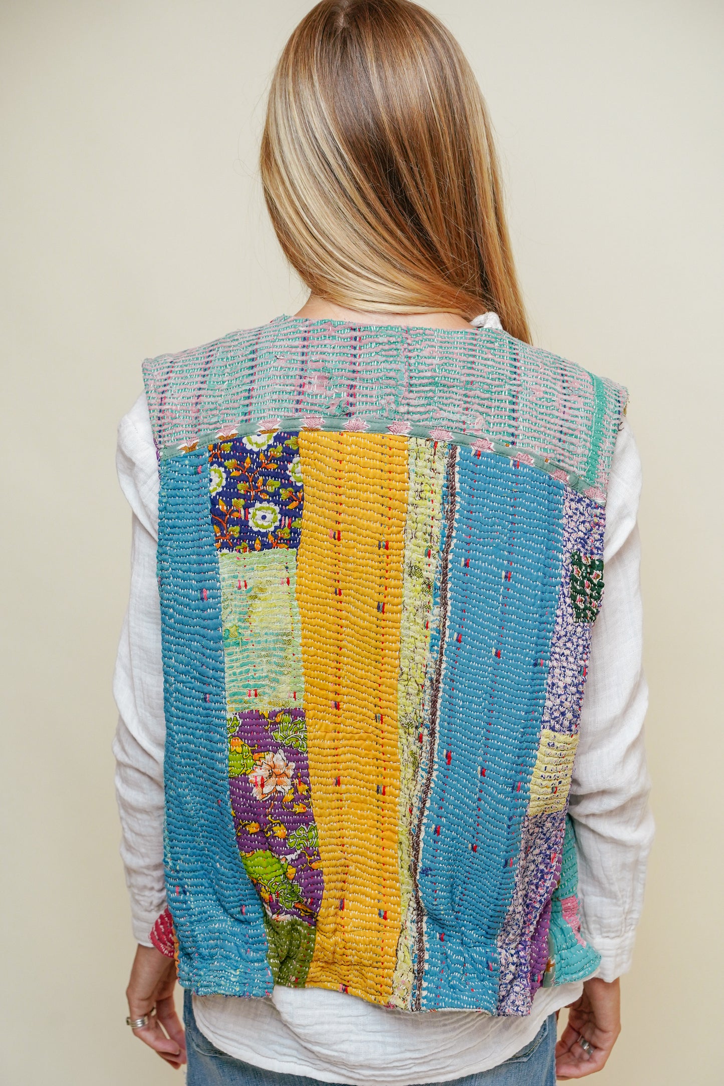 L'ÎLE BLEUE - Gilet Kantha à Franges