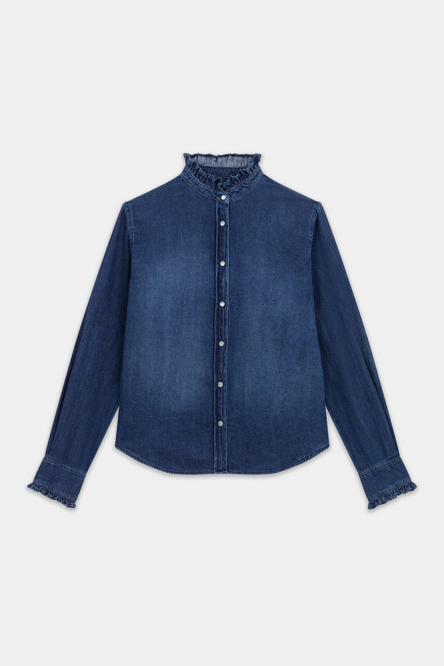 Chemise en jean Acquaverde Gaby Hand Brushed portée, vue de face