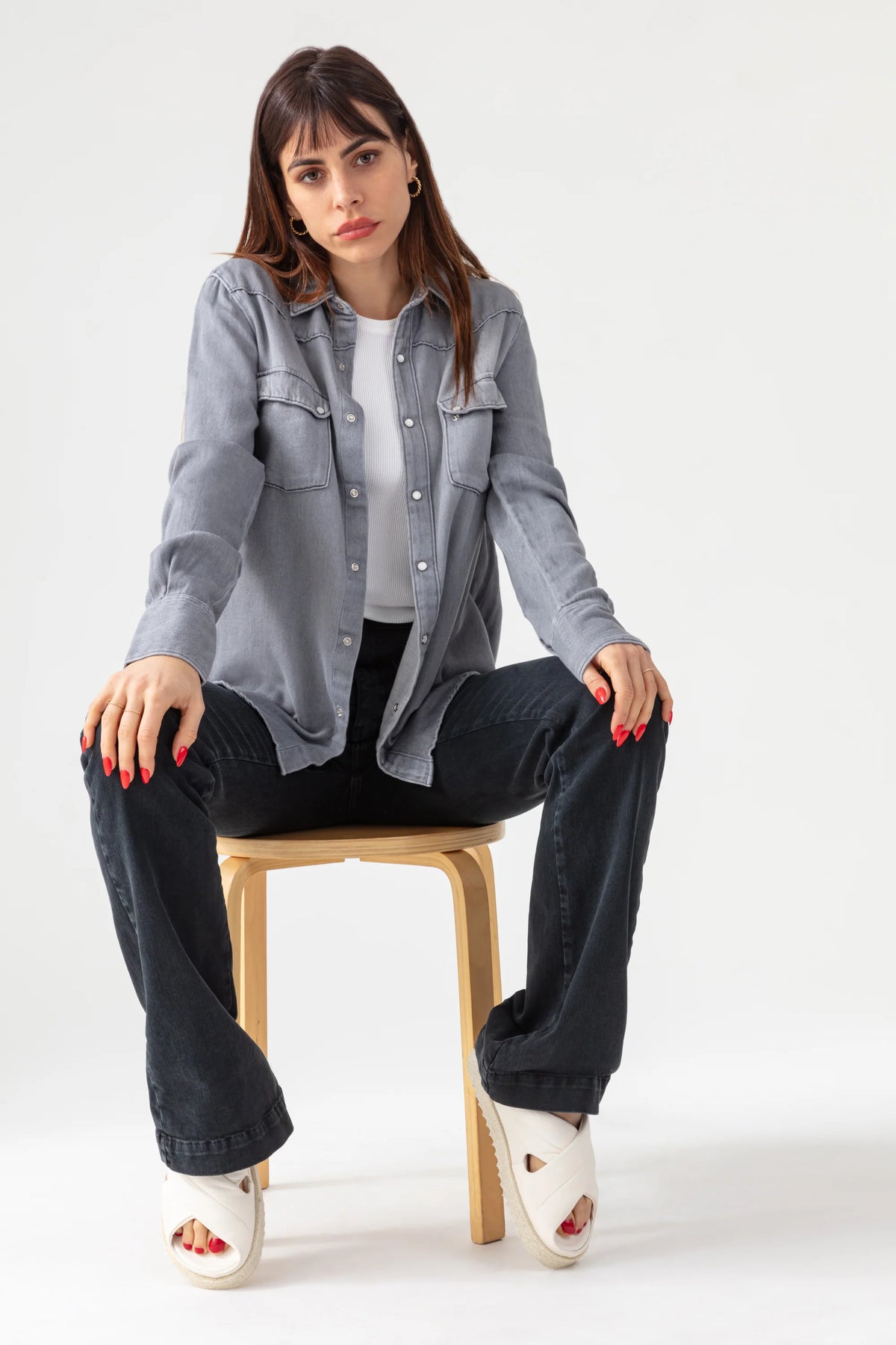 Chemise western femme Acquaverde Clyde en denim gris délavé
