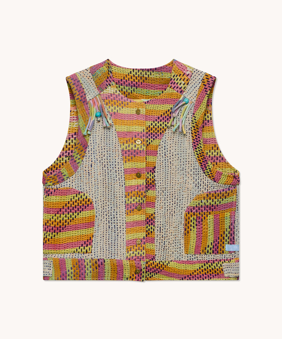 L'ÎLE BLEUE - Gilet sans manches en kantha à franges