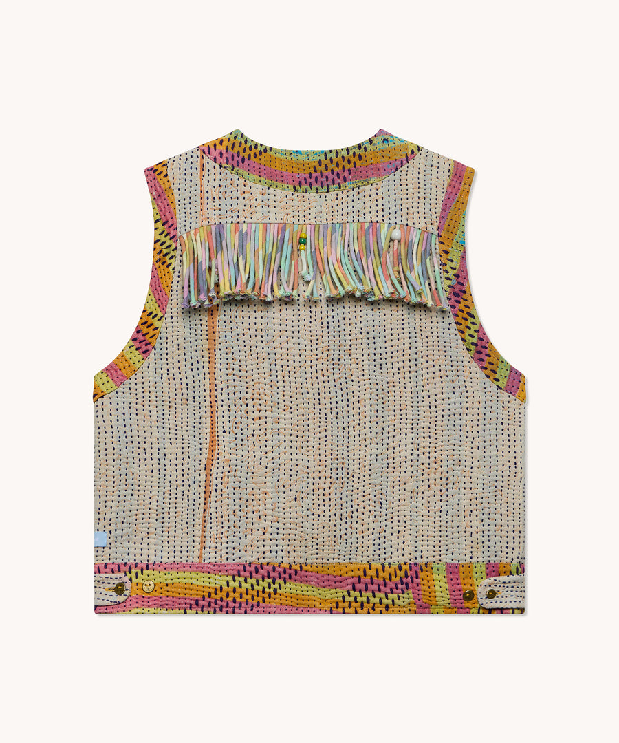 L'ÎLE BLEUE - Gilet sans manches en kantha à franges