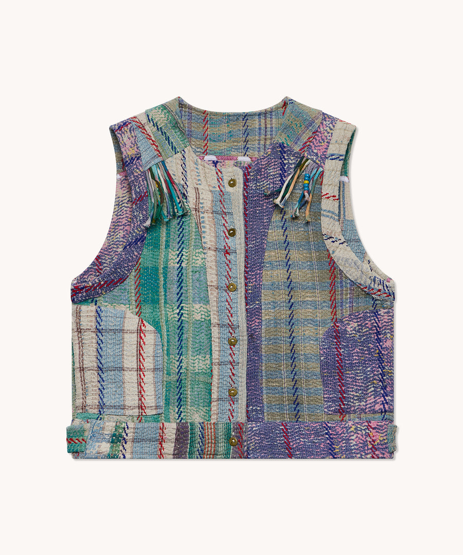 L'ÎLE BLEUE - Gilet sans manches en kantha à franges