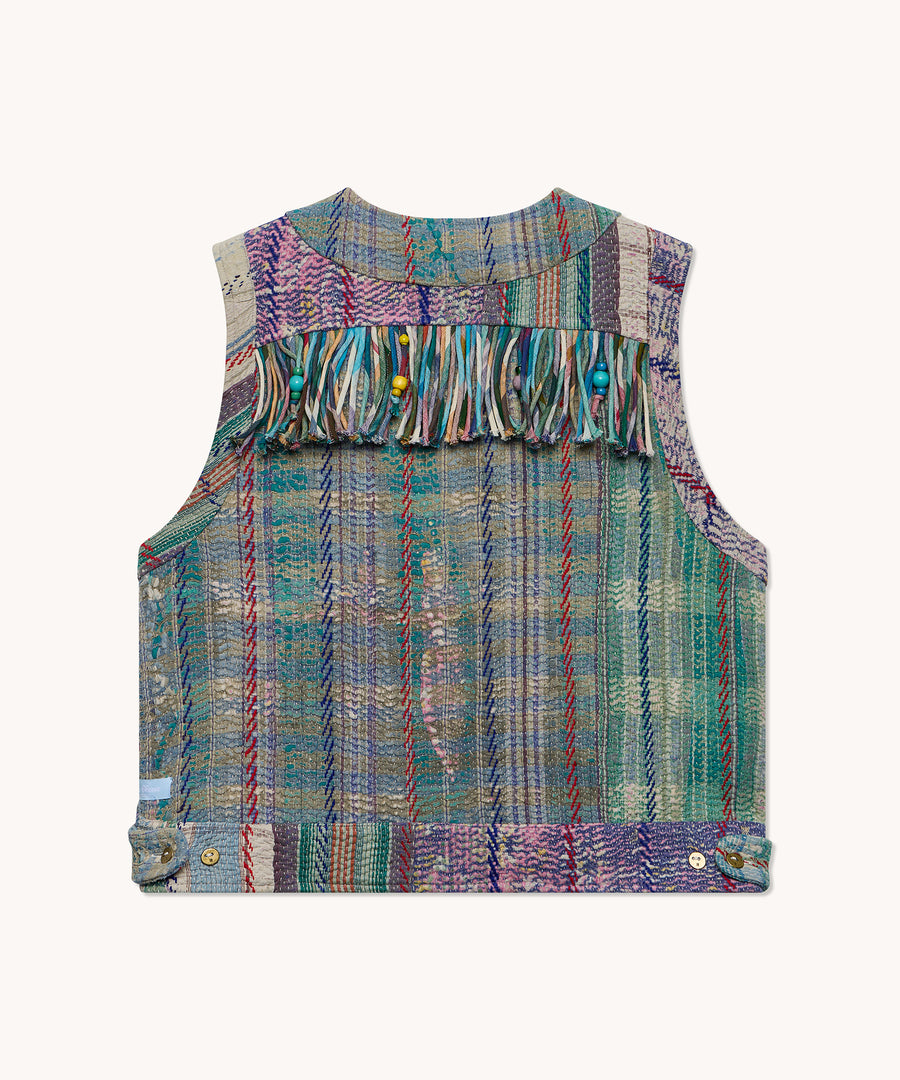 L'ÎLE BLEUE - Gilet sans manches en kantha à franges