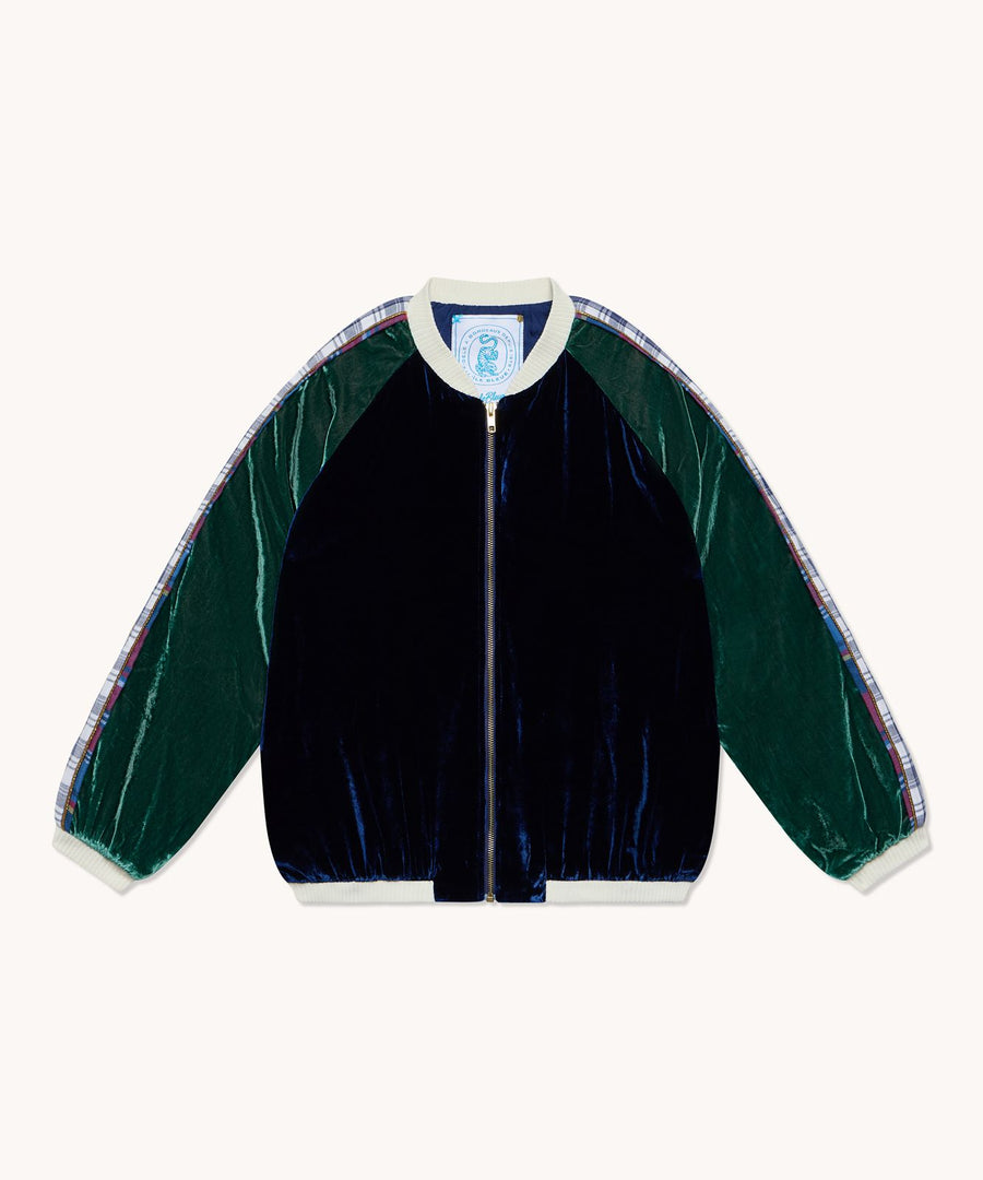 Bombers L'Île Bleue velours de soie bleu et vert, deuxième vue