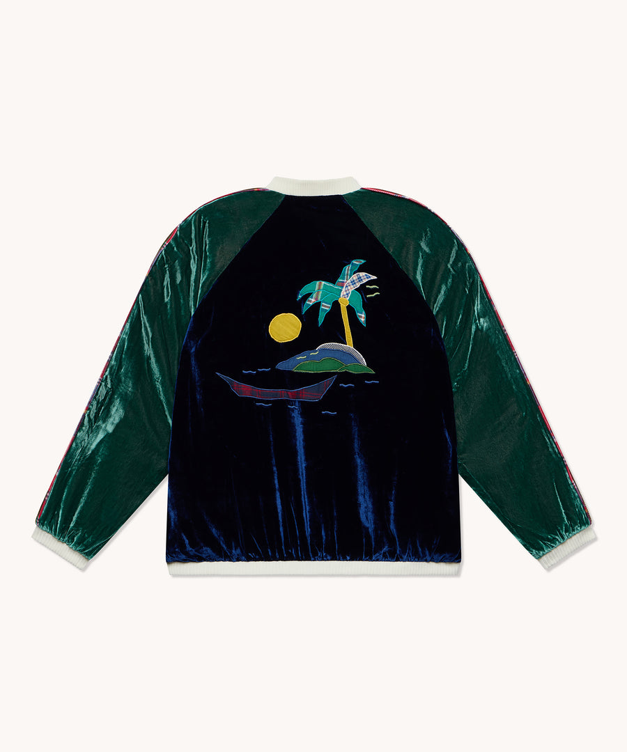 Bombers L'Île Bleue velours de soie bleu et vert, vue principale