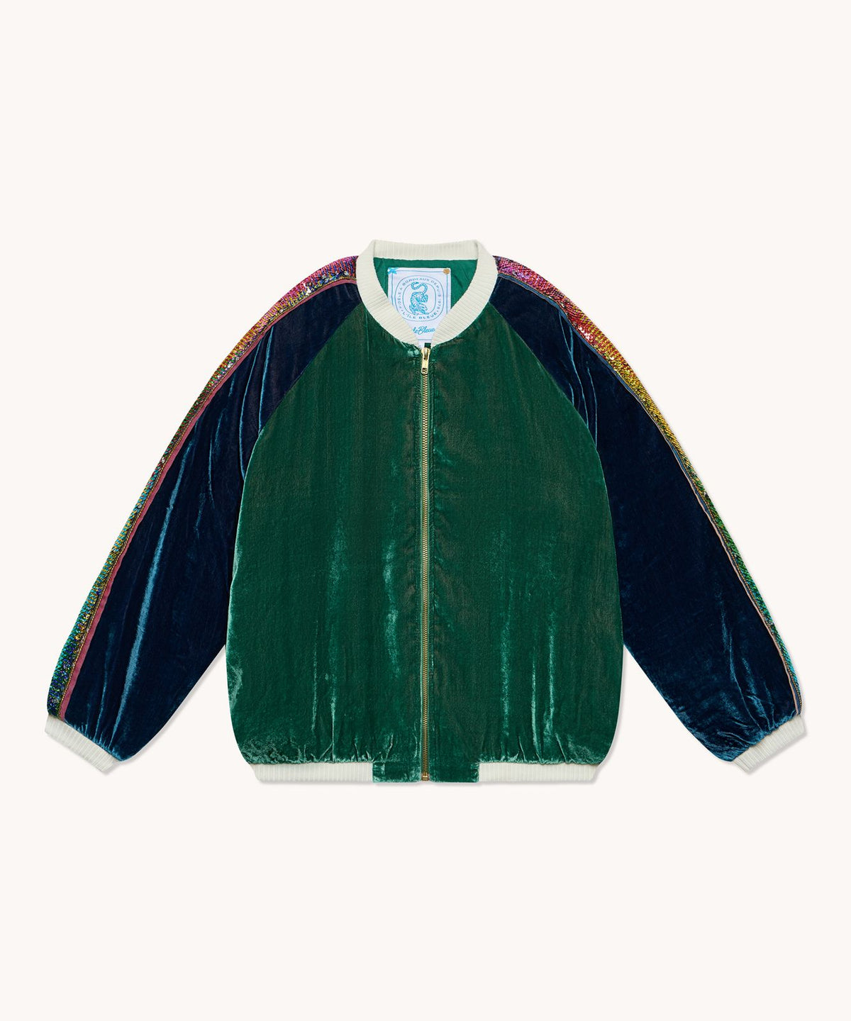 Bombers L'Île Bleue velours de soie vert et bleu, deuxième vue
