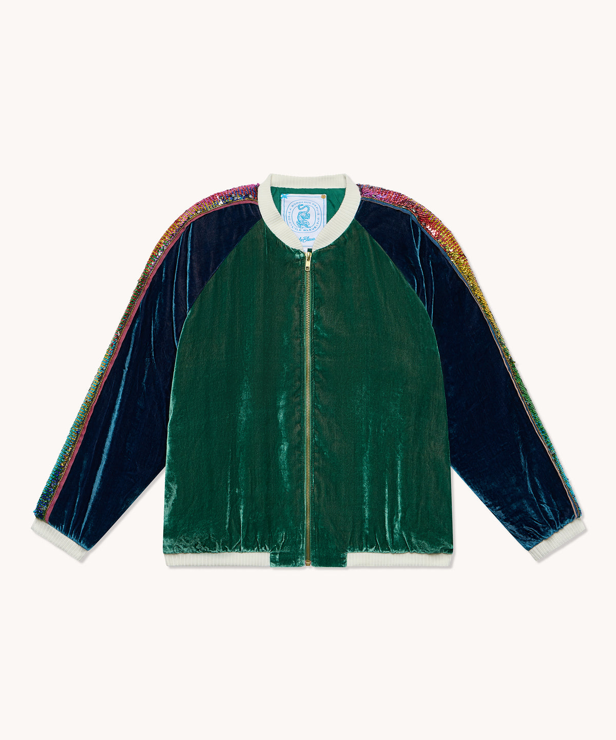 Bombers L'Île Bleue velours de soie vert et bleu, deuxième vue