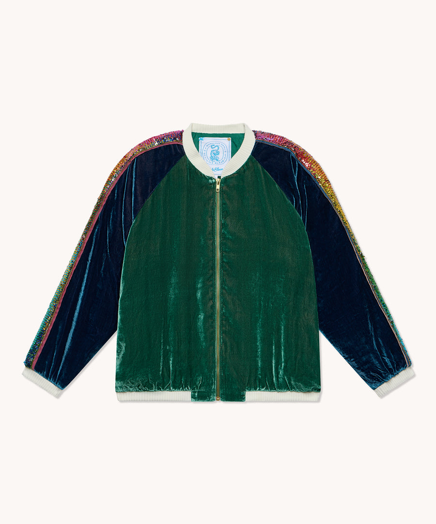 Bombers L'Île Bleue velours de soie vert et bleu, deuxième vue
