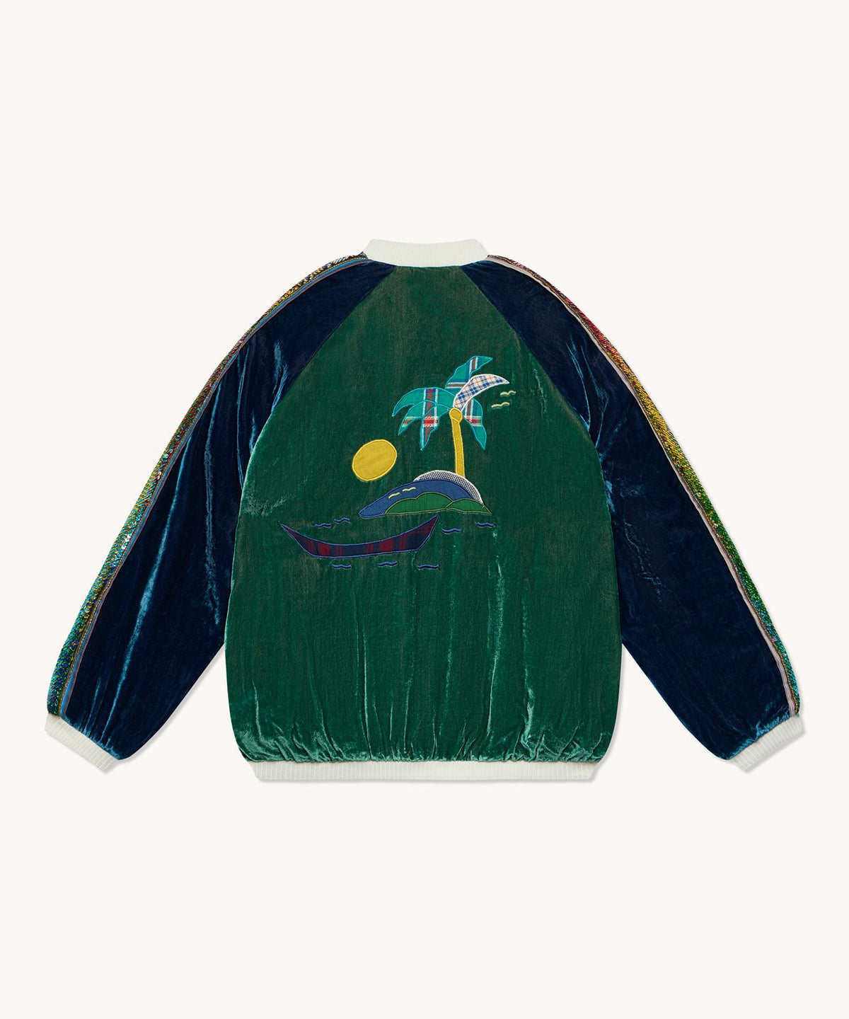Bombers L'Île Bleue velours de soie vert et bleu, vue principale