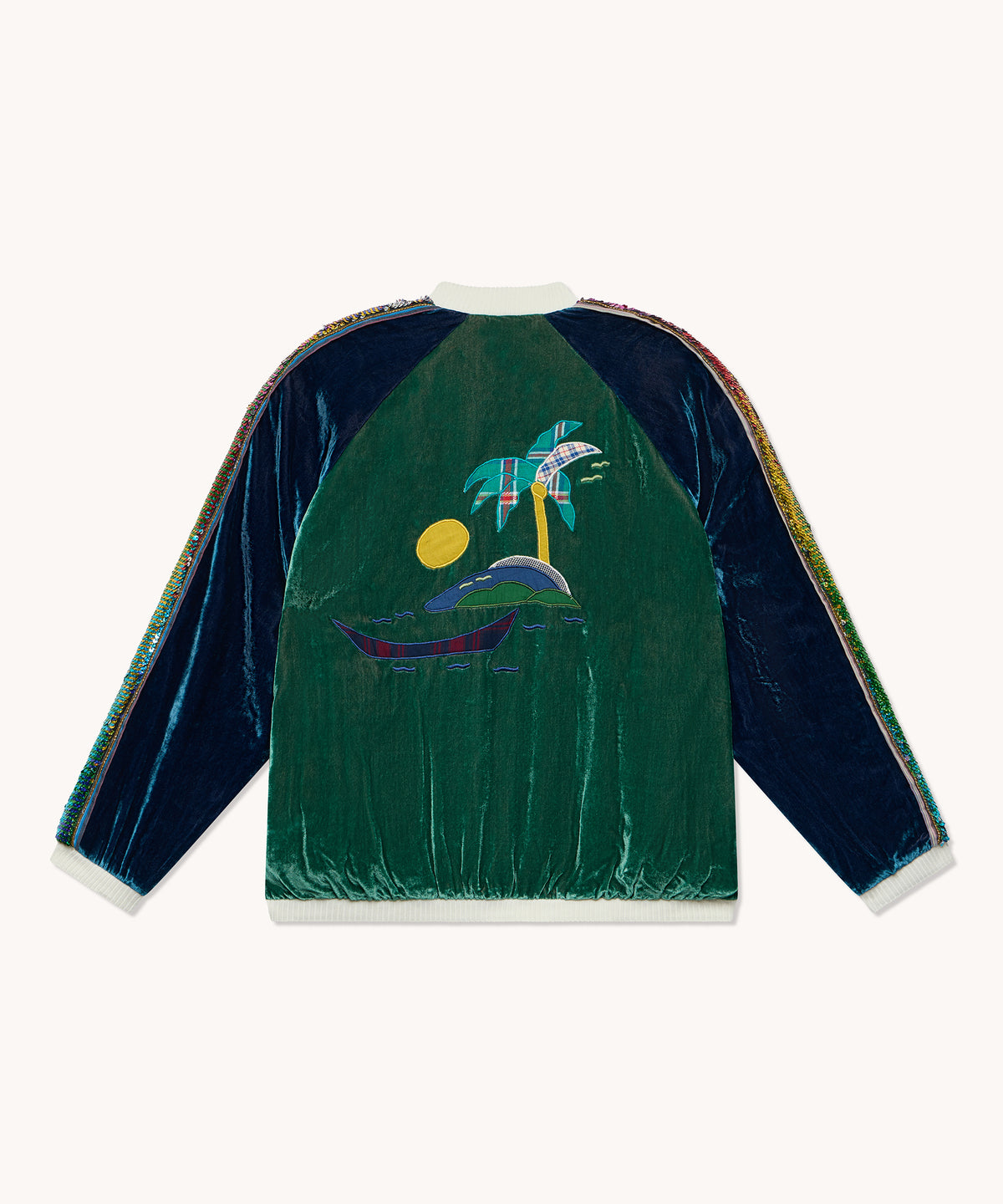 Bombers L'Île Bleue velours de soie vert et bleu, vue principale