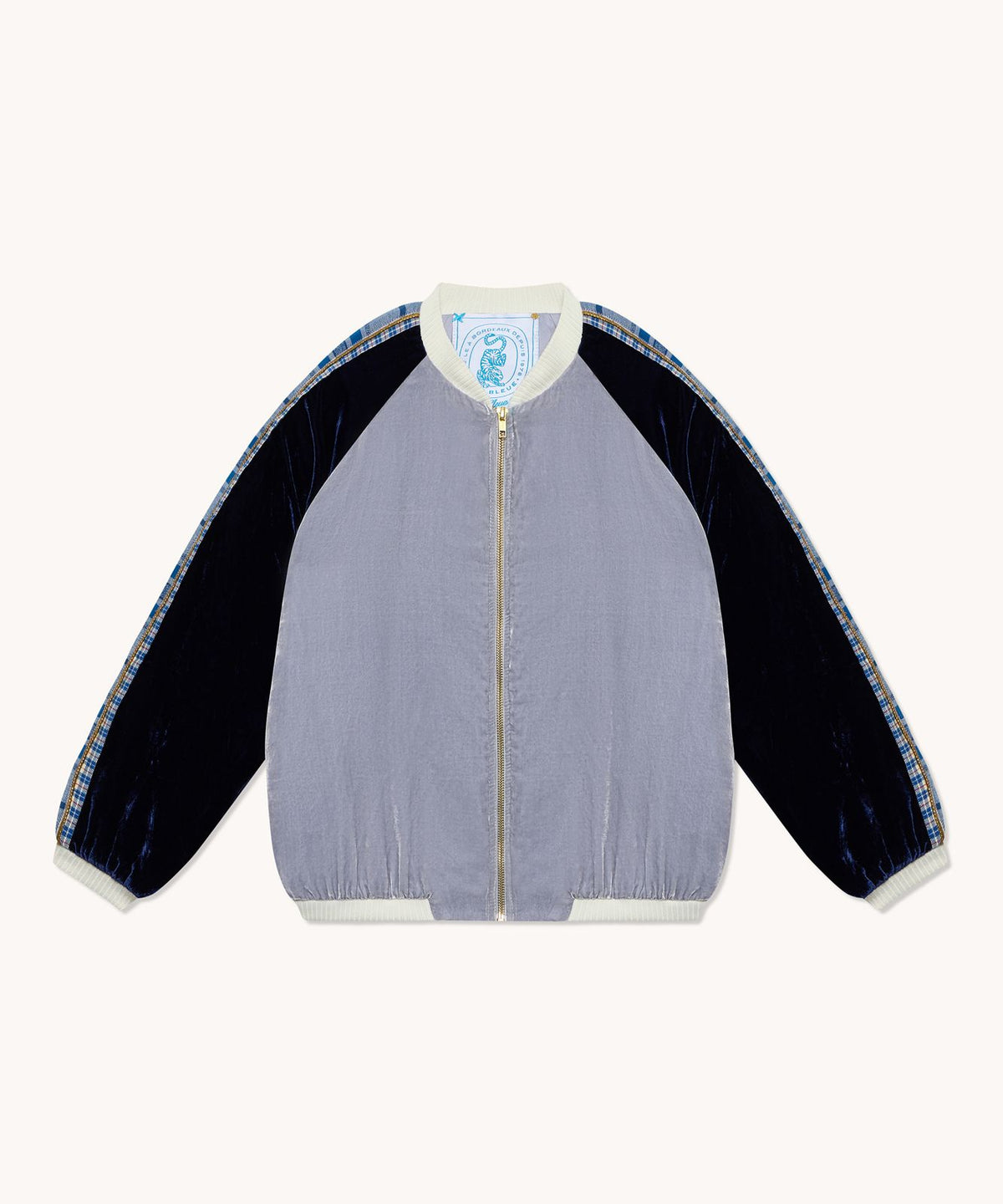 Bombers L'Île Bleue velours de soie gris et bleu, deuxième vue