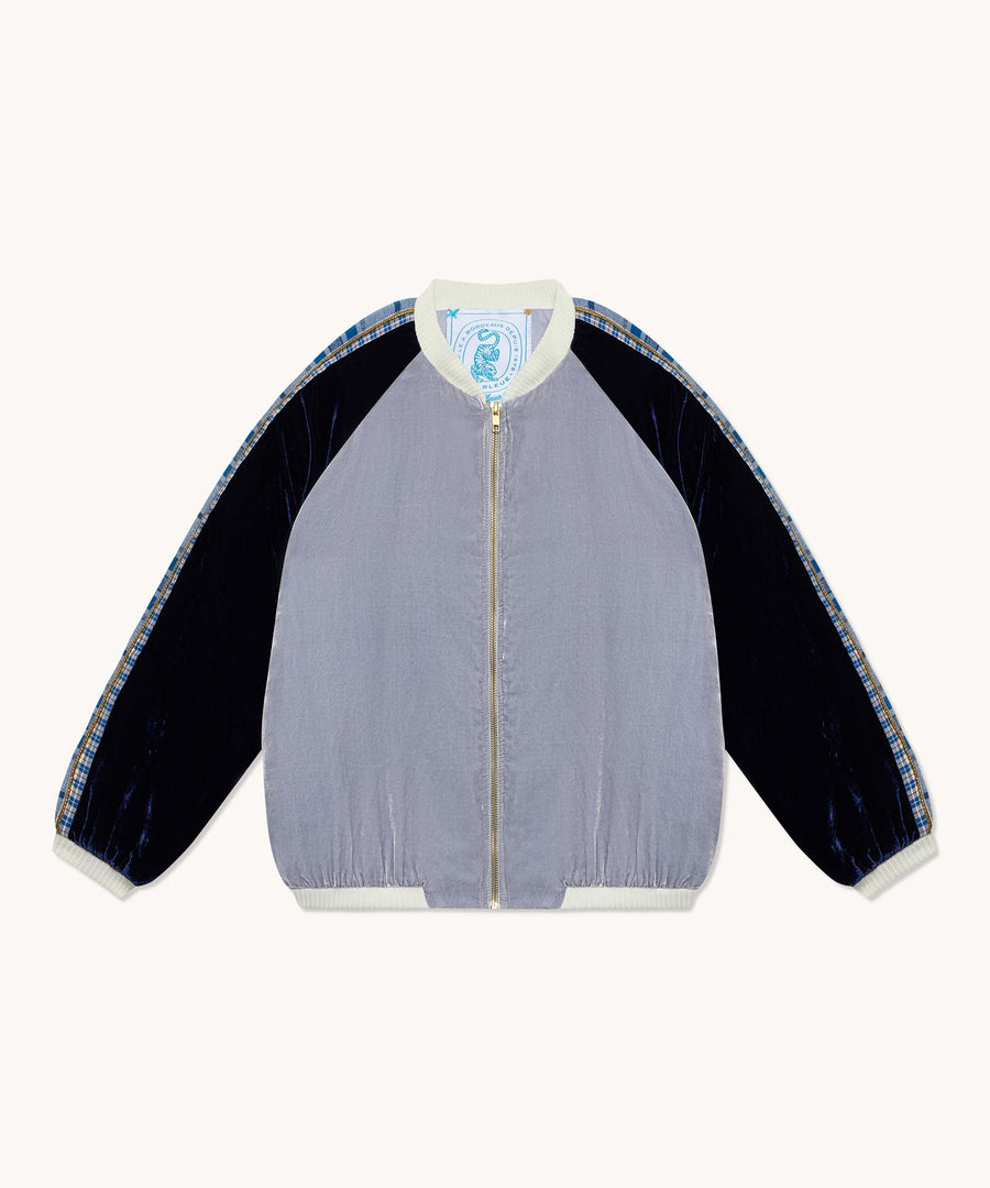 Bombers L'Île Bleue velours de soie gris et bleu, deuxième vue