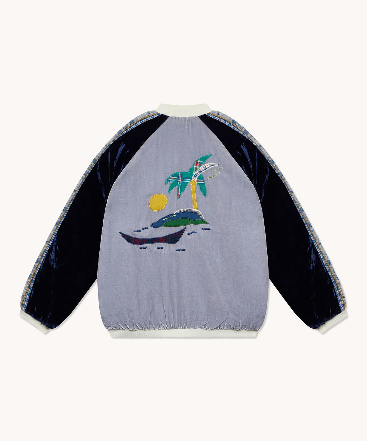 Bombers L'Île Bleue velours de soie gris et bleu, vue principale