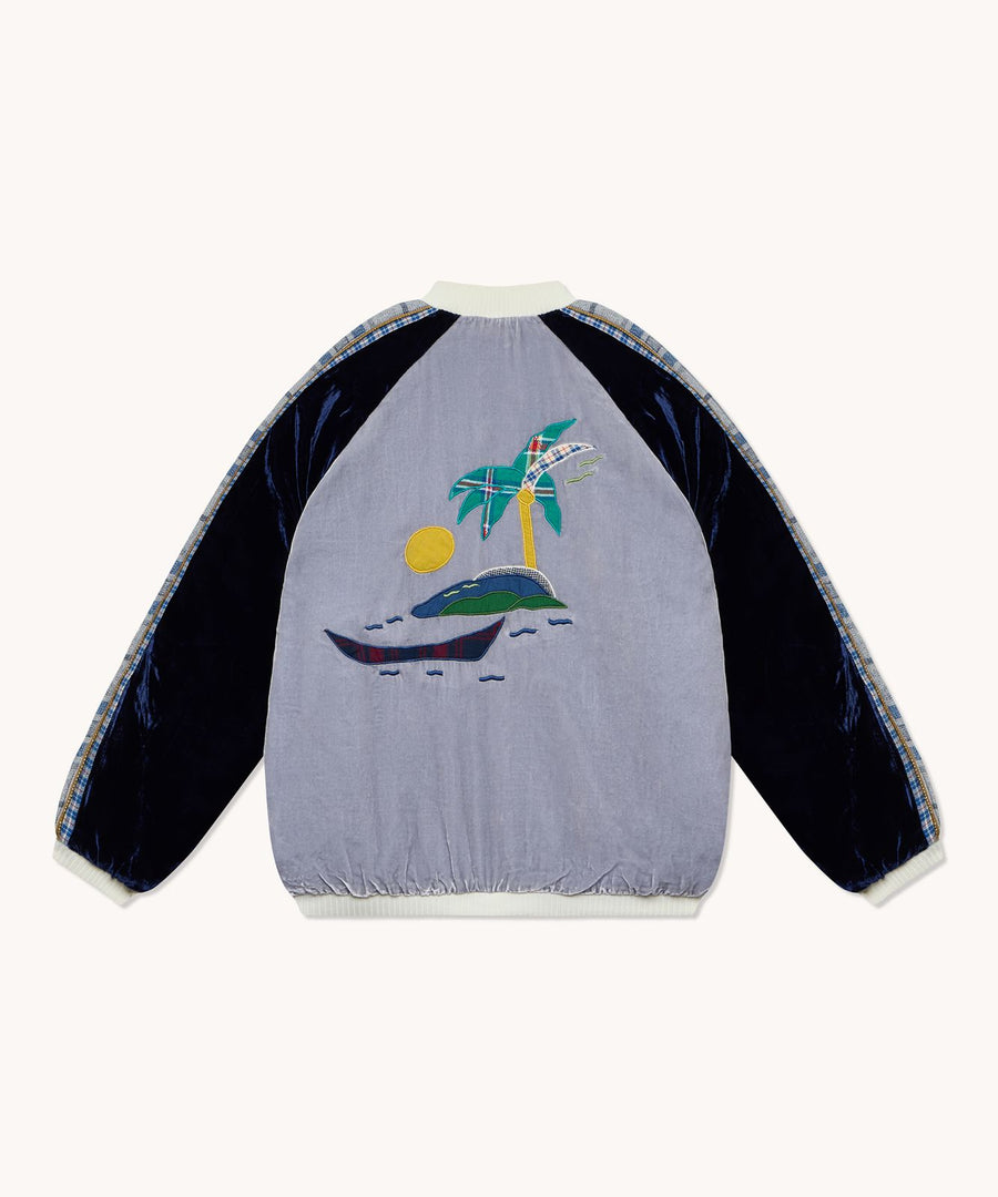 Bombers L'Île Bleue velours de soie gris et bleu, vue principale
