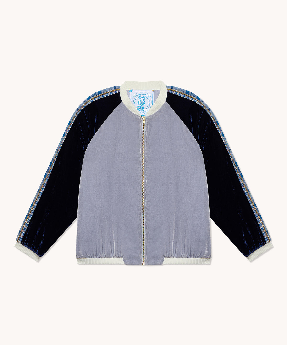 Bombers L'Île Bleue velours de soie gris et bleu, deuxième vue