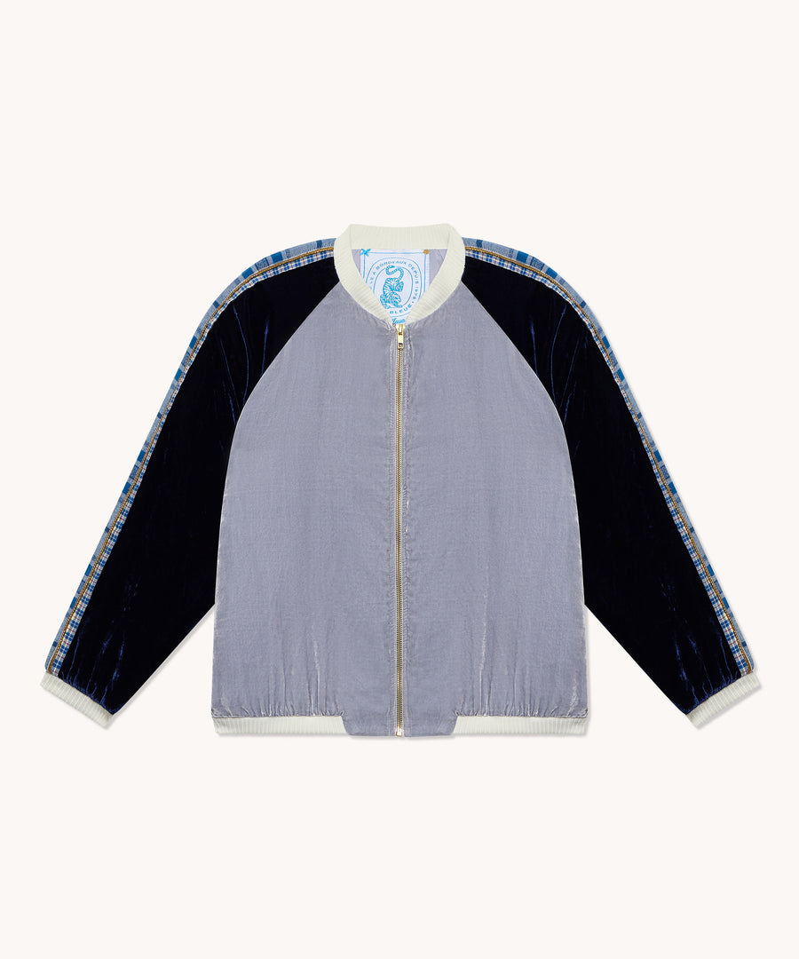 Bombers L'Île Bleue velours de soie gris et bleu, deuxième vue