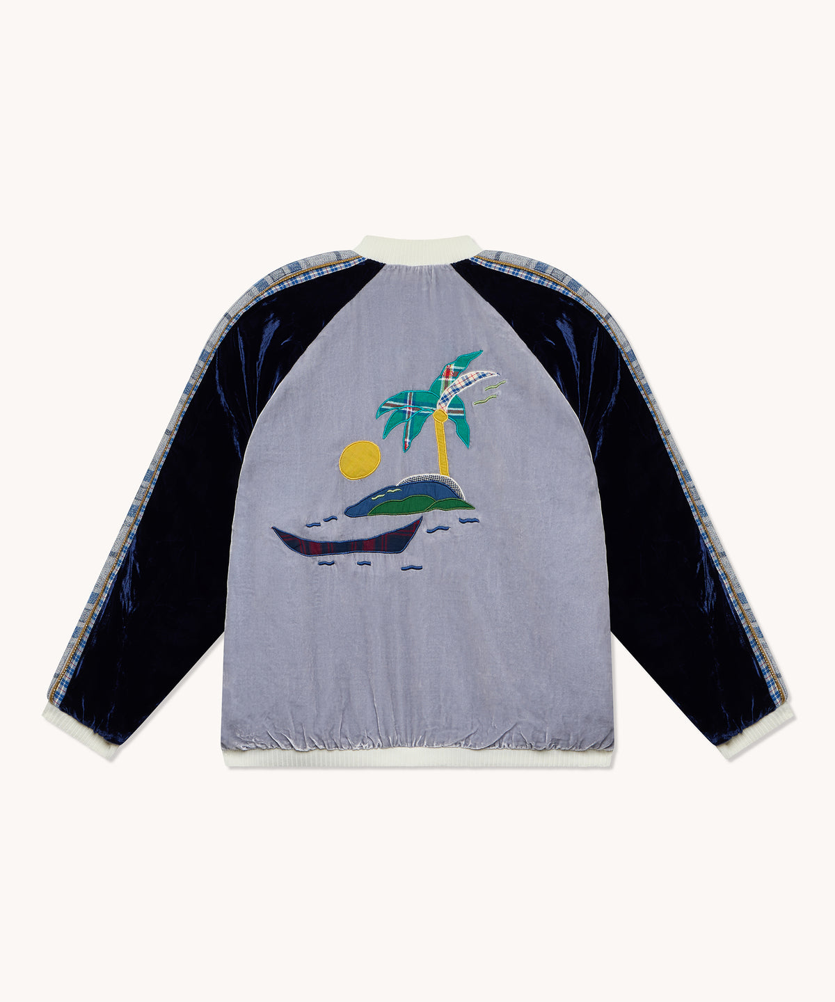 Bombers L'Île Bleue velours de soie gris et bleu, vue principale