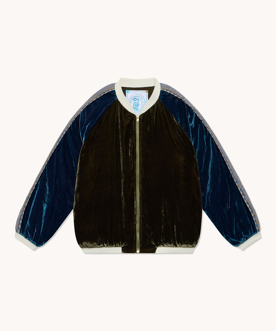 Bombers L'Île Bleue velours de soie kaki et bleu, deuxième vue
