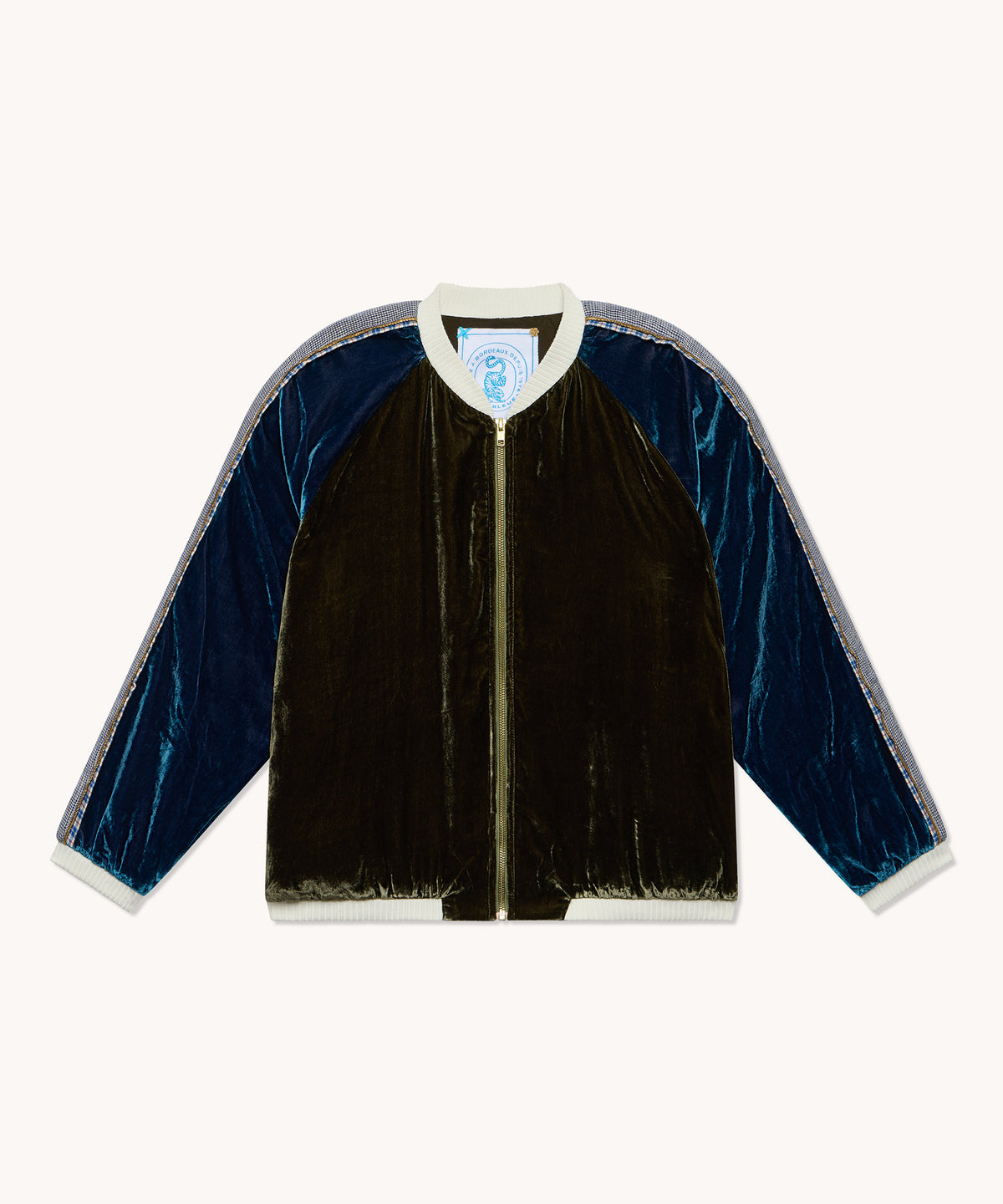 Bombers L'Île Bleue velours de soie kaki et bleu, deuxième vue