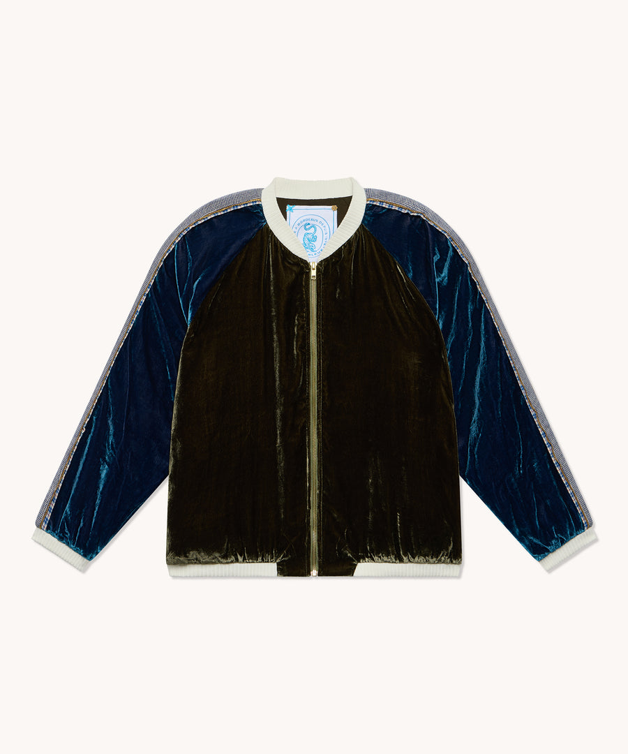 Bombers L'Île Bleue velours de soie kaki et bleu, deuxième vue