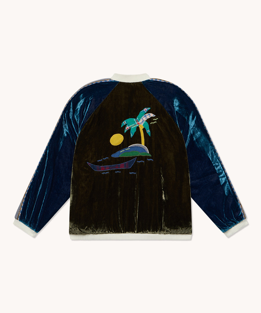 Bombers L'Île Bleue velours de soie kaki et bleu, vue principale