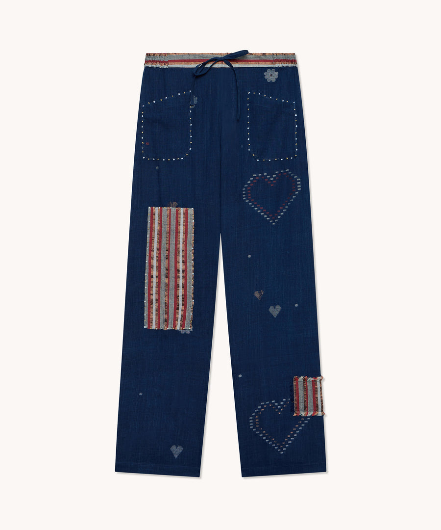 L'île bleue - Pantalon Boubou Jamdani indigo patchwork