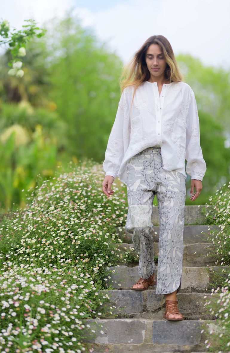 L'ÎLE BLEUE - PANTALON FEMME VALENTINE BLANC ET NOIR À MOTIFS