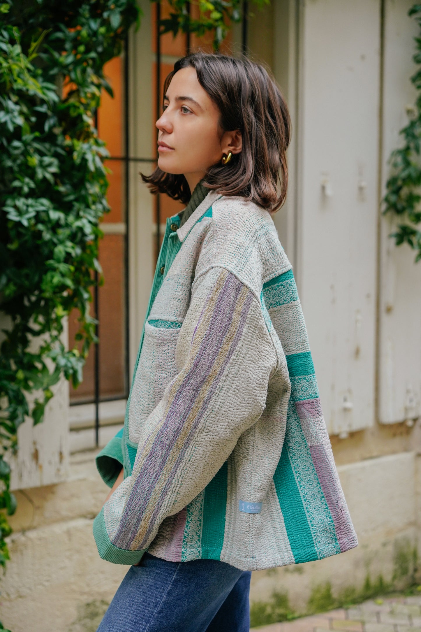 L'ÎLE BLEUE - Veste Kantha Green Corduroy