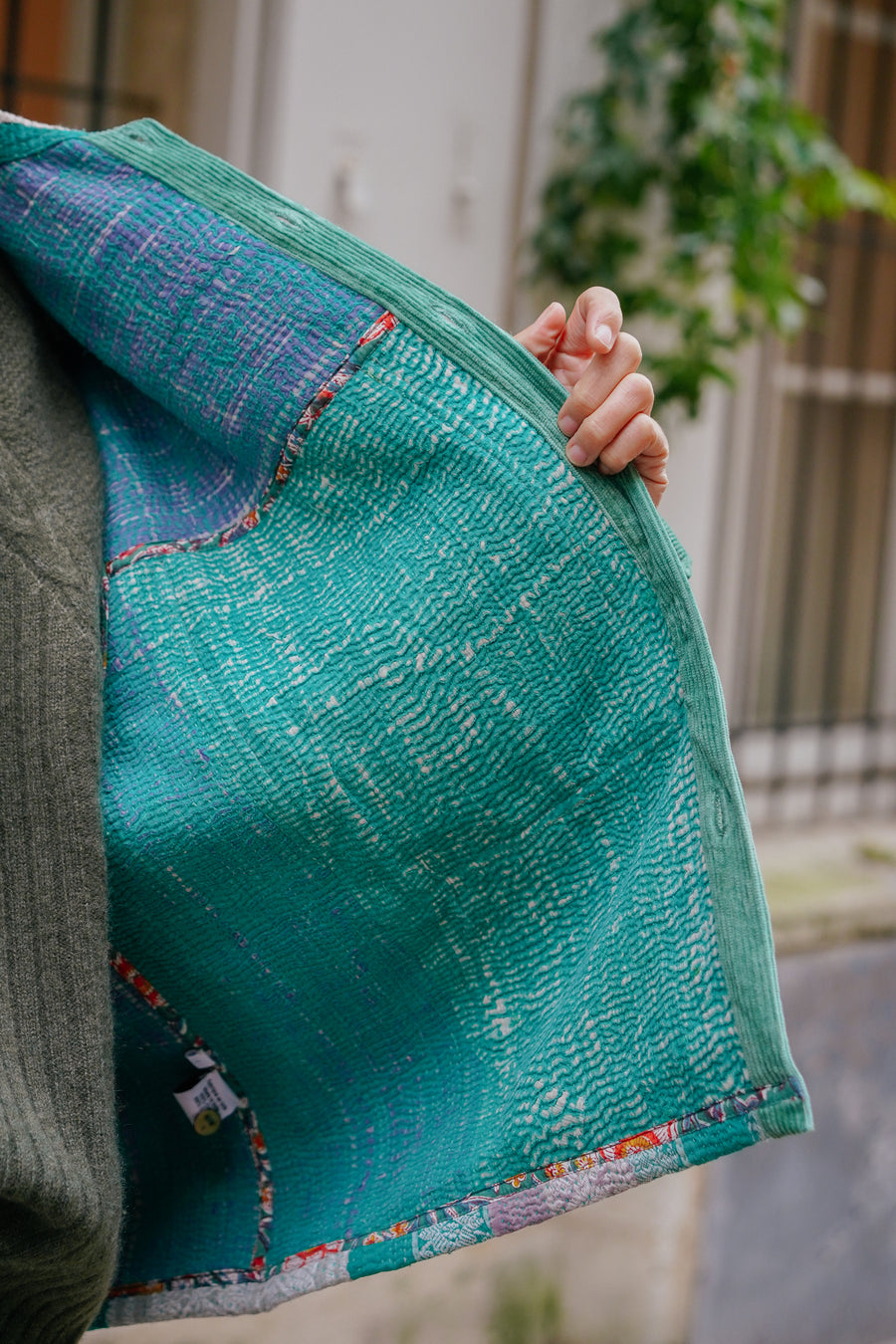 THE BLUE ISLAND - Kantha Green Corduroy Jacket