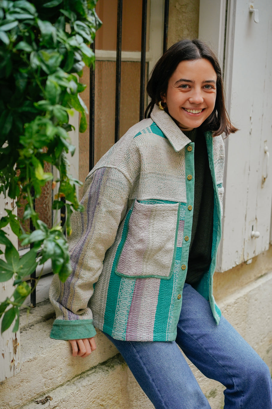 THE BLUE ISLAND - Kantha Green Corduroy Jacket