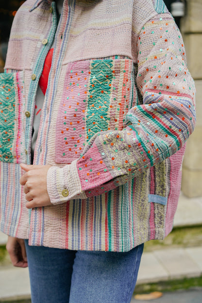 L'ÎLE BLEUE - Veste Kantha Sequins Rose