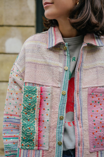 L'ÎLE BLEUE - Veste Kantha Sequins Rose