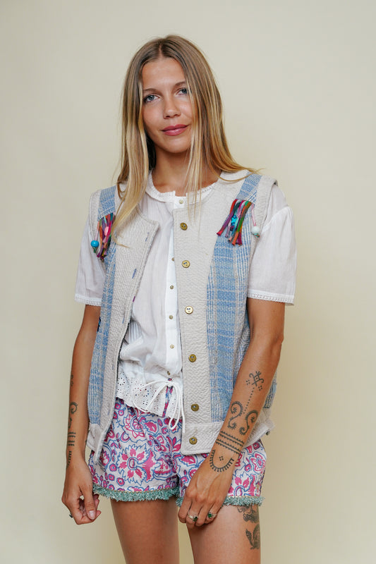 L'ÎLE BLEUE - Gilet Kantha à Franges