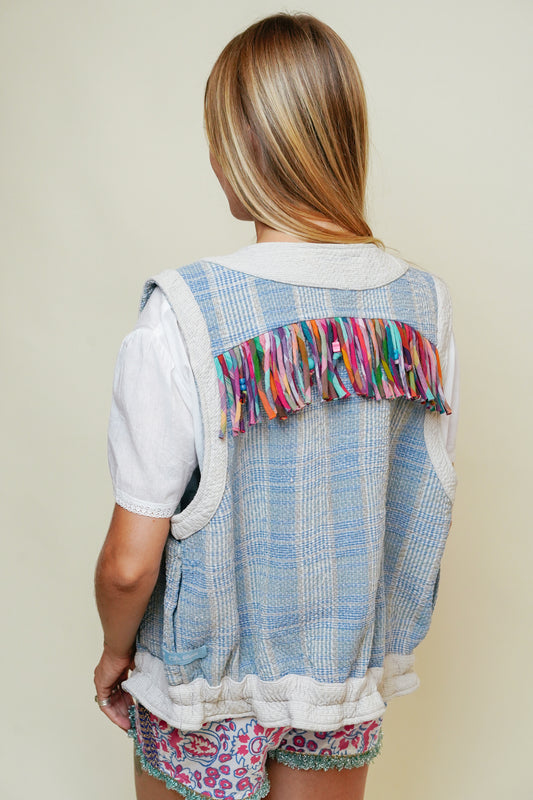 L'ÎLE BLEUE - Gilet Kantha à Franges