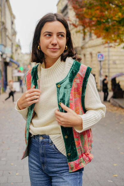 L'ÎLE BLEUE - Gilet Kantha Velours Vert