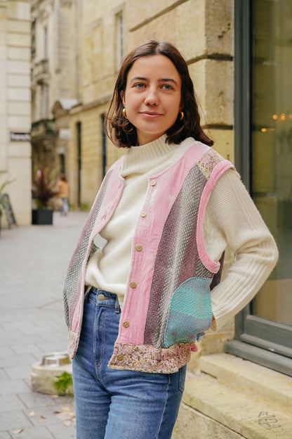 L'ÎLE BLEUE - Gilet Kantha Velours Rose