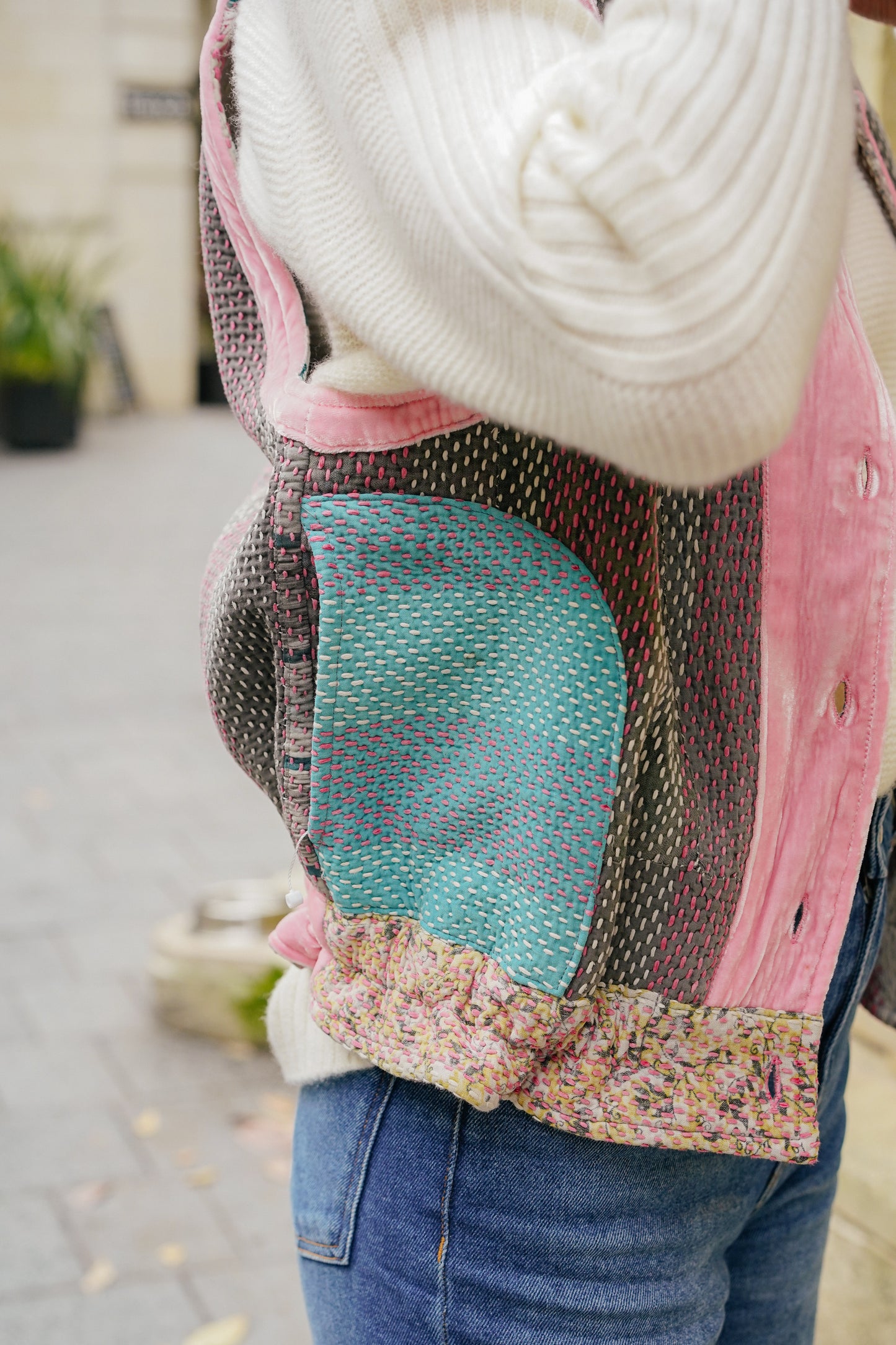 L'ÎLE BLEUE - Gilet Kantha Velours Rose