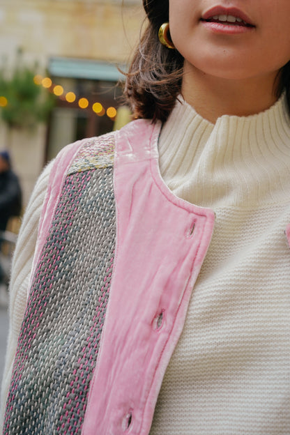 L'ÎLE BLEUE - Gilet Kantha Velours Rose