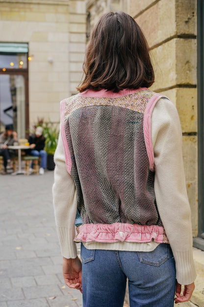 L'ÎLE BLEUE - Gilet Kantha Velours Rose