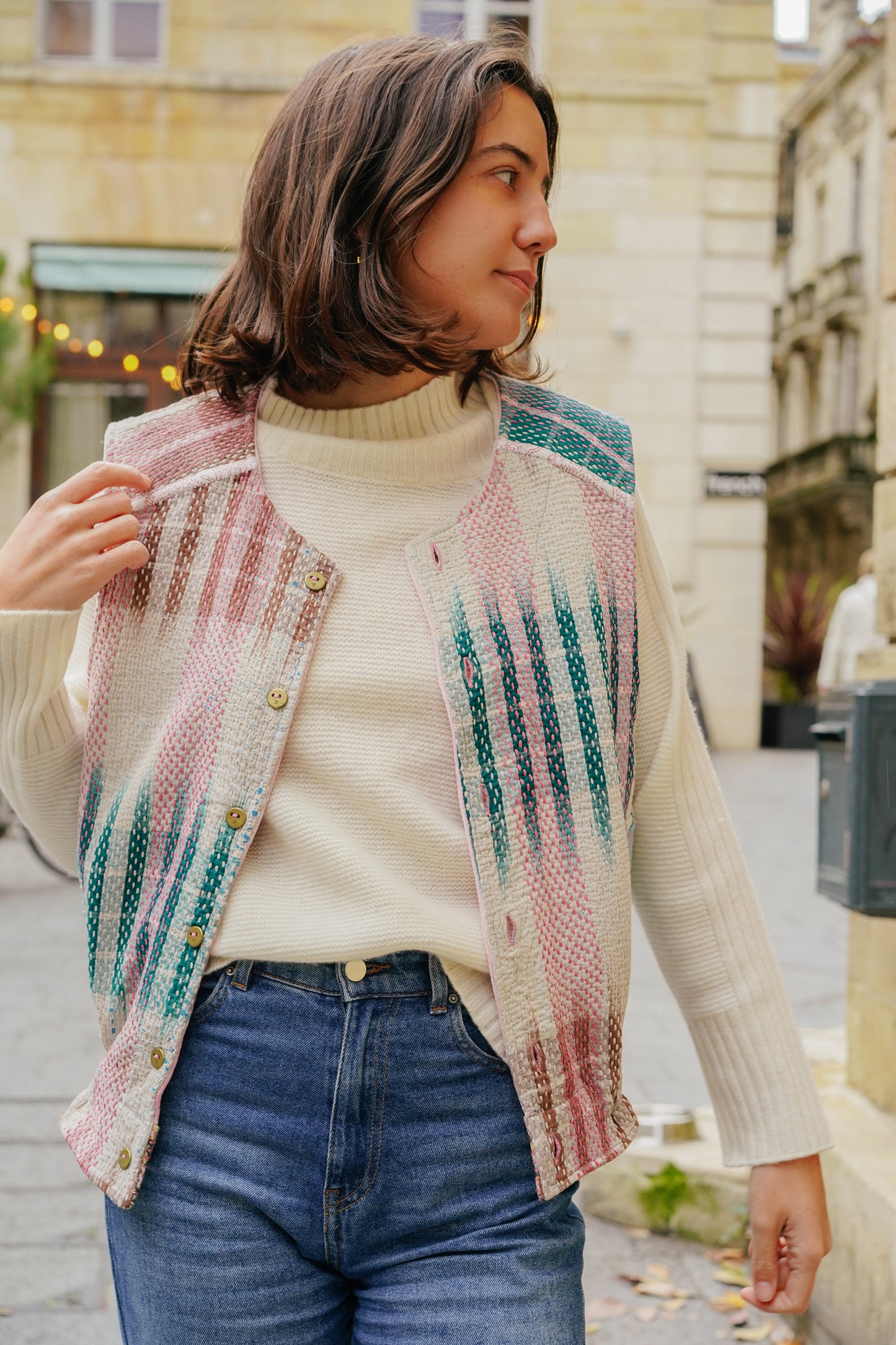 L'ÎLE BLEUE - Gilet Kantha Velours Rose