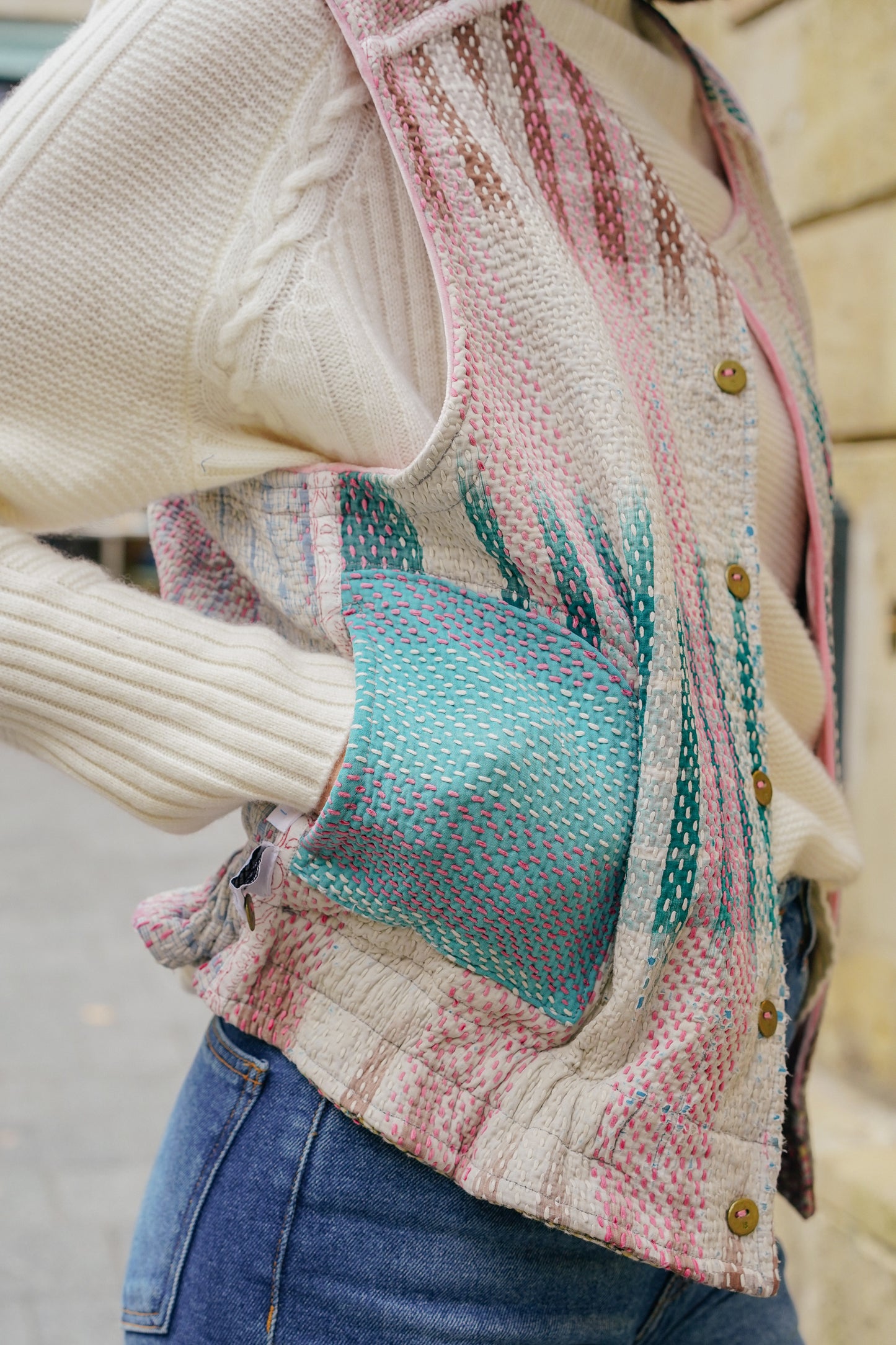 L'ÎLE BLEUE - Gilet Kantha Velours Rose