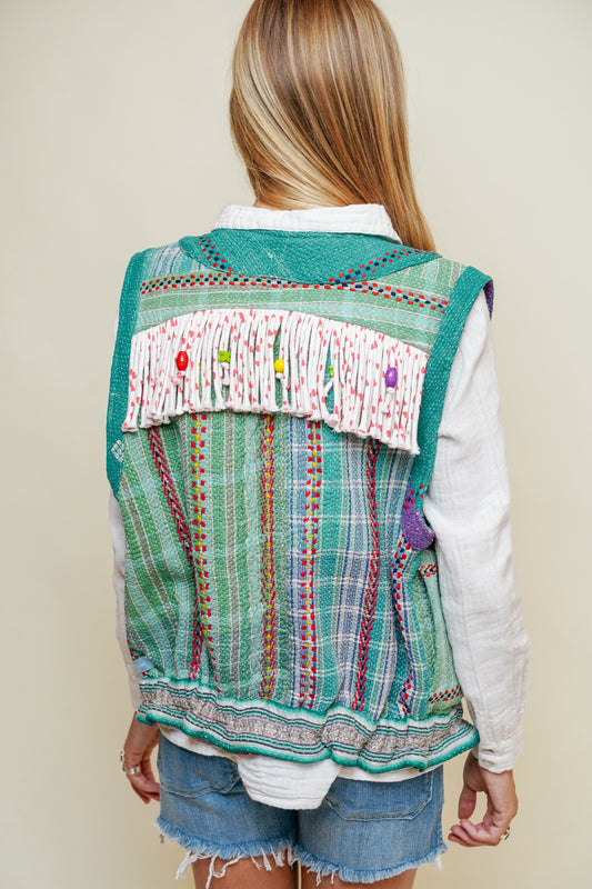 L'ÎLE BLEUE - Gilet Kantha à Franges