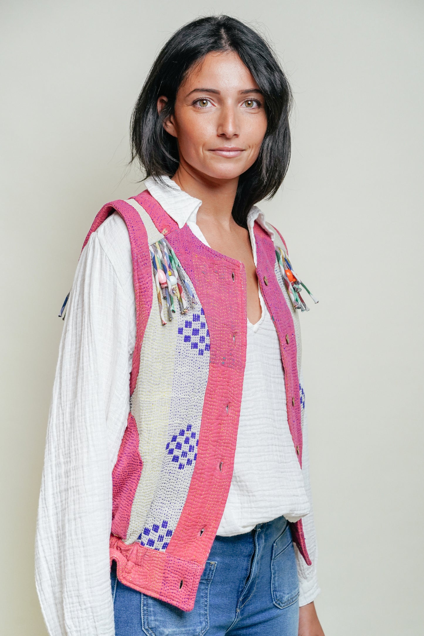 THE BLUE ISLAND - Fringed Kantha Vest 25