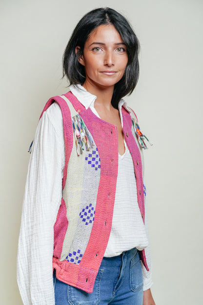 THE BLUE ISLAND - Fringed Kantha Vest 25