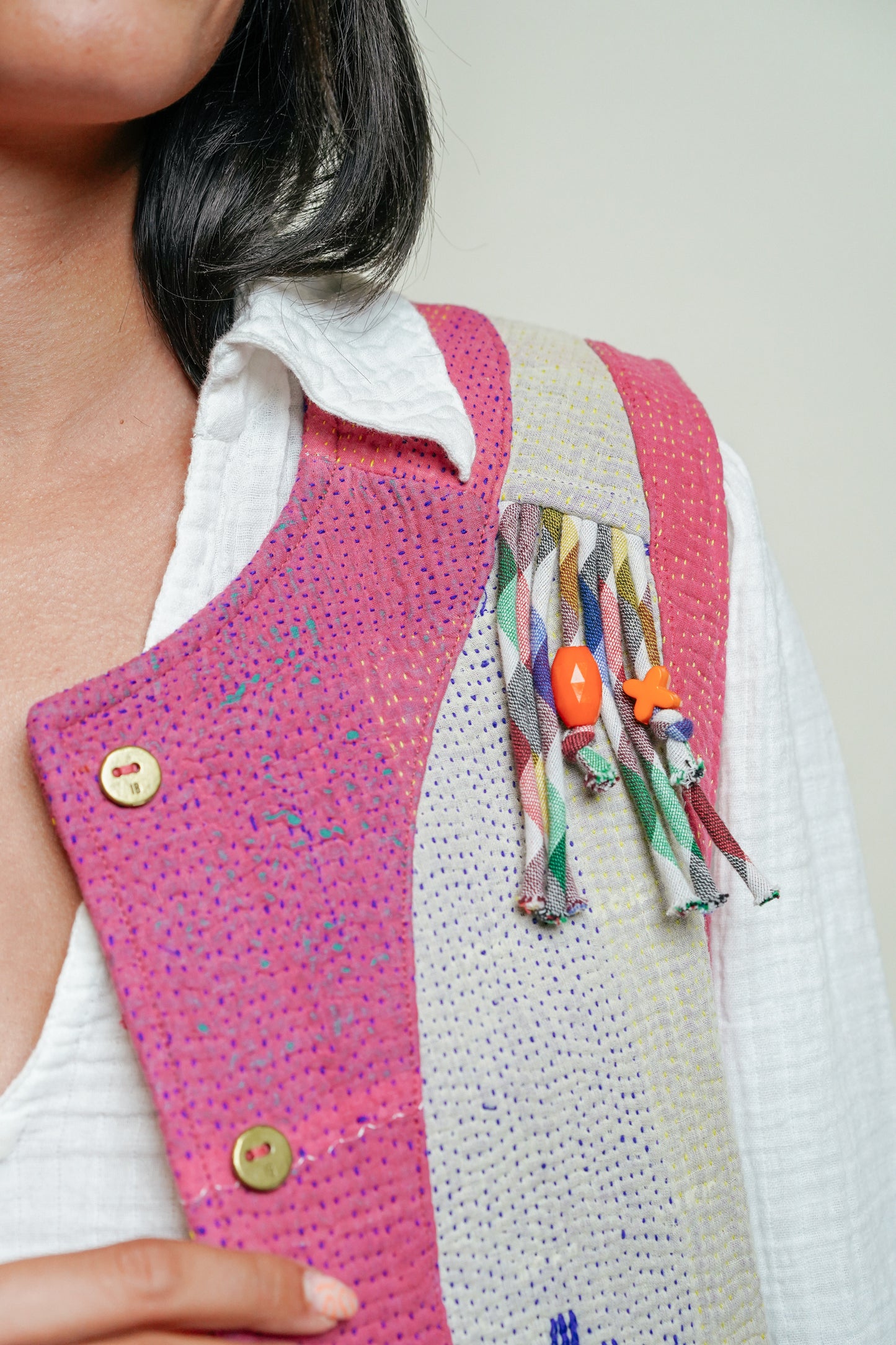 THE BLUE ISLAND - Fringed Kantha Vest 25