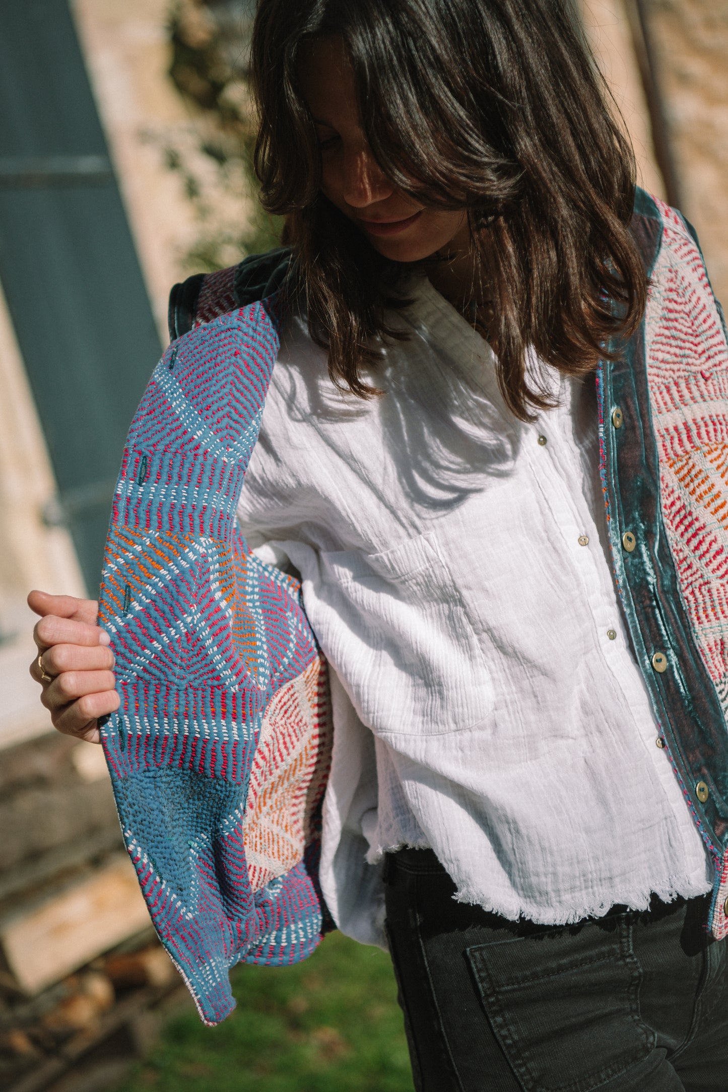 L'ÎLE BLEUE - Gilet Kantha Galicha Velours Bleu