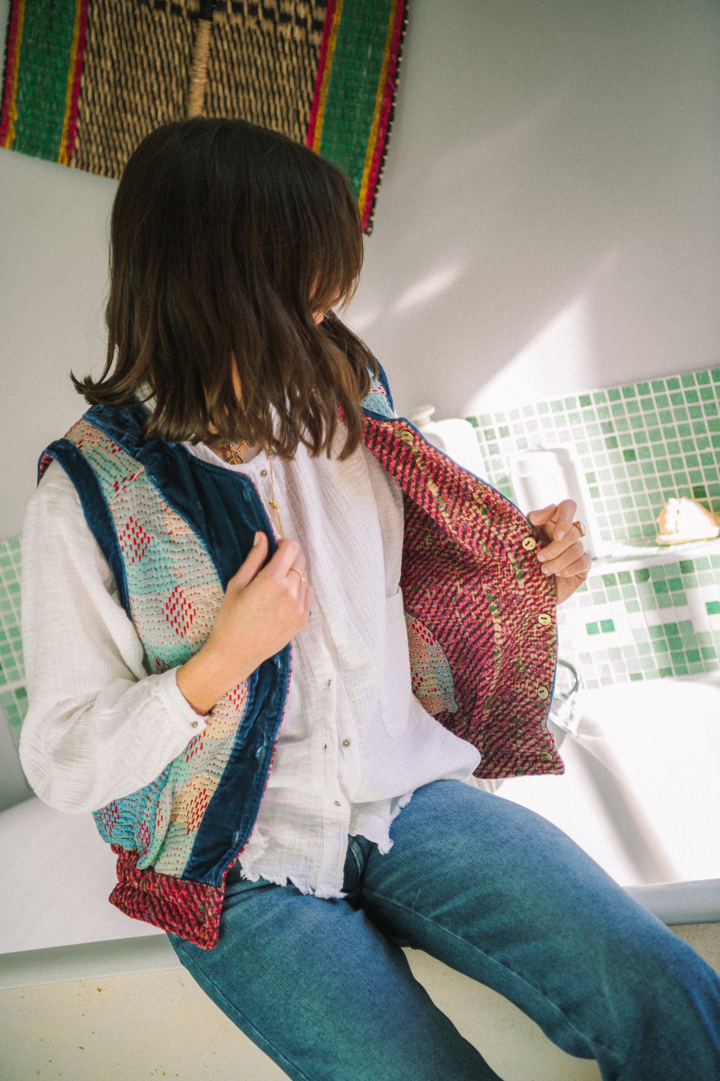 L'ÎLE BLEUE - Gilet Kantha Velours Bleu