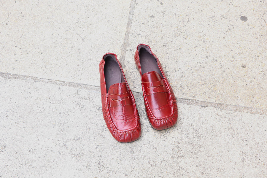 TORAL - Mocassins Femme Penny Crocodile Bordeaux