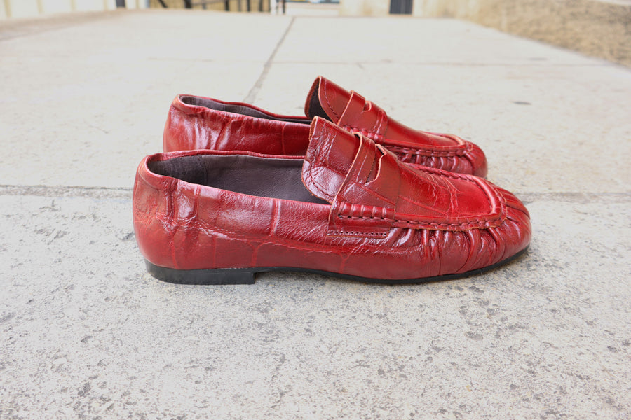 TORAL - Mocassins Femme Penny Crocodile Bordeaux